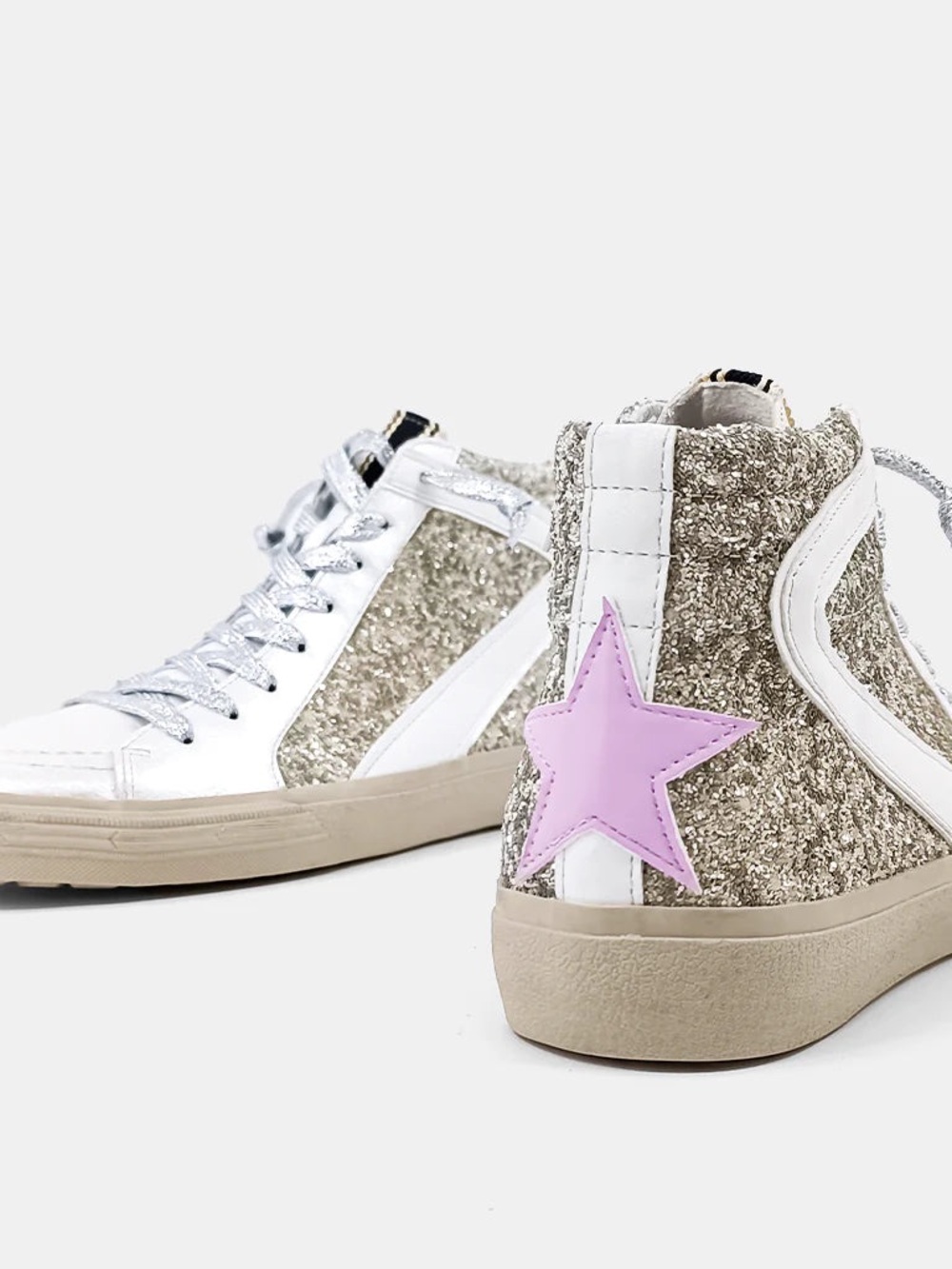 ShuShop Silver Glitter High-Top Sneakers with Pink Star